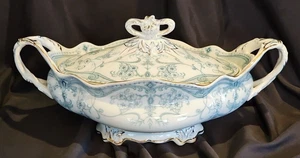 Antike 1910er Burgess & Leigh Sydenham türkis Transferware Servierschale mit Deckel - Bild 1 von 15