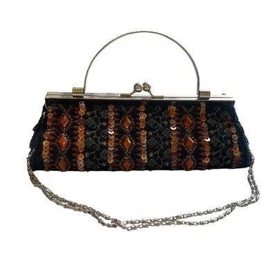 Vintage Ladies Evening Bag Purse Clutch Satin Beaded Sequin Chain Strap Party - Image 1 of 4