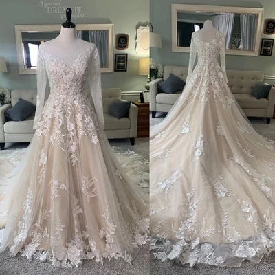 Champagne Wedding Dresses Long Sleeve Scoop Neck Corset Sweep Train Bridal Gown - Image 1 of 4