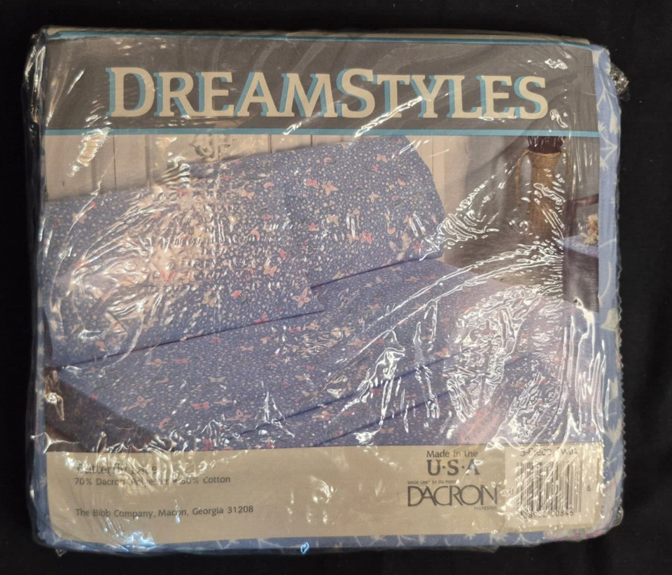 Sábana bajera vintage de 3 piezas sin abrir DreamStyles encaje azul mosca años 80 Foto 1 de 3