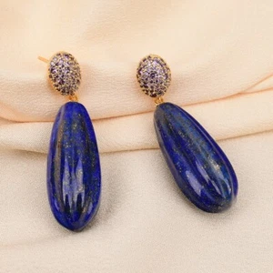 Natural Blue Lapis lazuli Teardrop Purple Zircon CZ Paved Stud Dangle Earrings - Picture 1 of 11