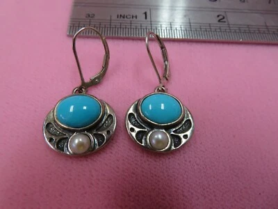 CCO 925 Sterling Silver  Turquoise Pearl  Dangle  Lever Back  Earrings 9.1 Grams - Image 1 of 4