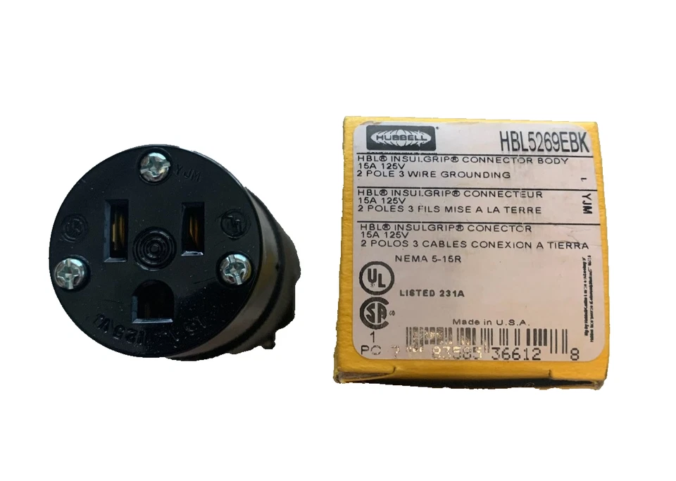 HUBBELL HBL5269EBK Straight Blade Connector: 5-15R, 15 A, 125V AC, 2 Poles, BK - Image 1 of 1