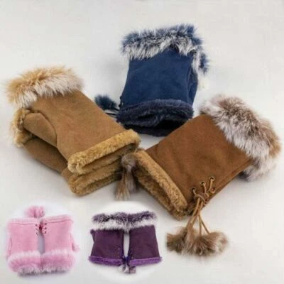 Fingerless Gloves  Fur Lined Mittens Winter Fur Soft WarmWomen Ladies - Image 1 of 4