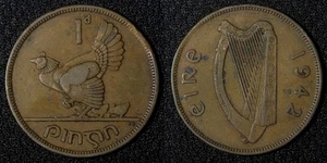 República de Irlanda Bronce 1942 1 centavo gallina con pollitos KM# 11 (28 031) - Imagen 1 de 3