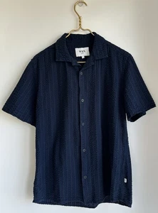 Wax London Short Sleeve Men’s Small Navy Blue Didcot Seersucker Button Up - Picture 1 of 5