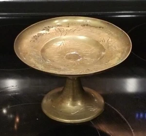 Vintage Brass Bowl Etched Chinese Temple Offering Incense Plate Trinket Candle - Picture 1 of 10