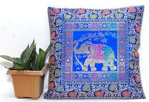 16" Indian Elephant Cushion Pillow Cover Blue Silk Brocade Sofa Pillow Throw