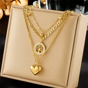 Damen Halskette Herz Lebensbaum 3-teilig Gold Edelstahl Anhänger Kette Schmuck - Bild 1 von 1
