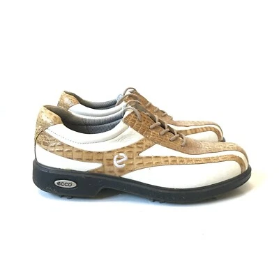 Ecco Hydromax 高尔夫鞋女式 38 8 白色棕褐色皮革系带钉 — 第 1/4 张图片