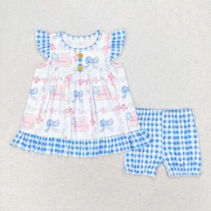 Baby Toddler Girls Blue Bows Flags Tunic Shorts Clothes Sets July 4th Wear - Picture 1 of 1