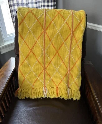 复古手工钩针阿富汗毯黄色橙色白色条纹 40x64 — 第 1/4 张图片