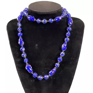 Collana Vintage Lamina Oro Blu Arte Veneziana Vetro Perline Opera Lunghezza 28 Pollici - Foto 1 di 9