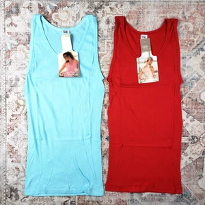 JUEGO DE 2 ~ NUEVO Camiseta sin mangas Jockey For Her Vintage Rojo Azul Algodón Acanalado 1987 GRANDE - Imagen 1 de 14