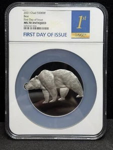 2021 NGC MS70 Antiqued Chad Bear 5000 Francs 1oz Silver Coin - Picture 1 of 4