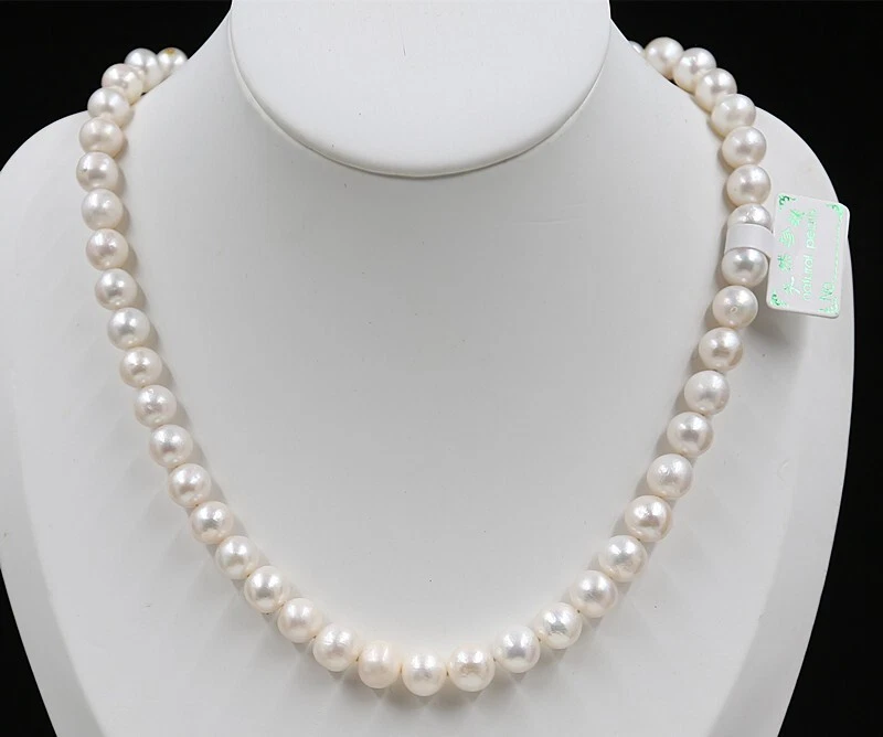 Maravilloso collar de perlas cultivadas blancas naturales genuinas de 9-10 mm de 18"" Foto 1 de 4