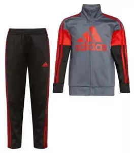 adidas Boy’s Size 5 Black Pants Red Gray Black Full Zip Jacket 3 Stripe Set NEW - Picture 1 of 9