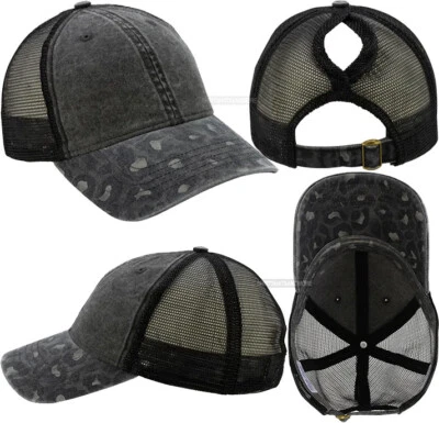 Womens Snapback Ponytail Trucker Cap Ladies Meshback Hat Cow Leopard Floral NEW! - Image 1 of 2