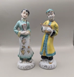Vtg Oriental Asian Lady Fan Man Guitar Porcelain Figurines Occupied Japan 7" - Picture 1 of 9
