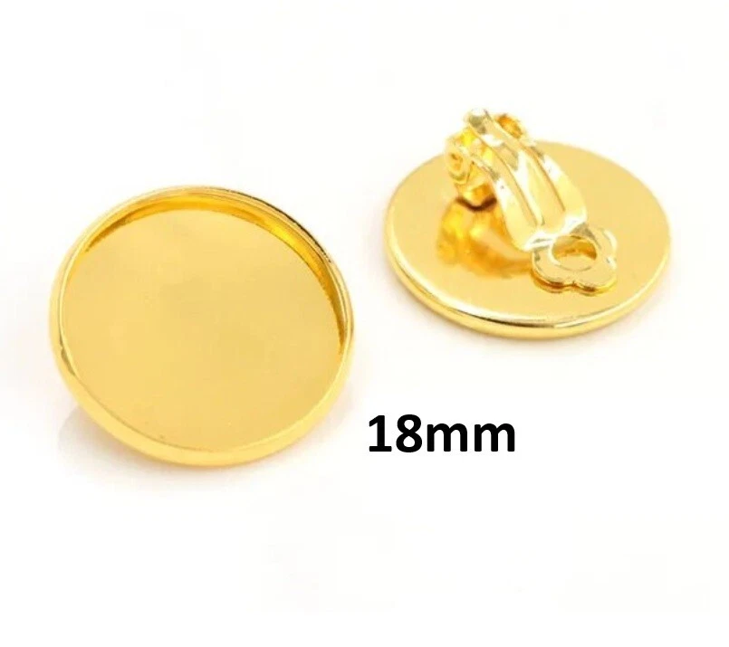 10 pcs. Gold Tone Earring Clips Settings Hinged Bezels Cabochons - 18mm Glue Pad — 第 1/1 张图片