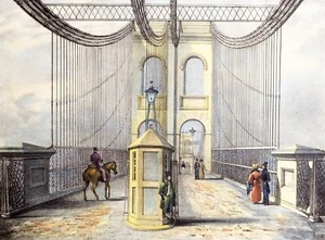 1820ca - Gales - Menai Bridge - Hand coloured ENGRAVING (01919) - Picture 1 of 2