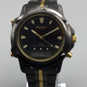 Pulsar Watch Men 38mm Gold Silver Tone V072-0050 Ana-Digital New Battery 6.75" - Picture 1 of 14