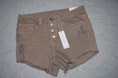 Jr Womens DARK TAN HIGH WAIST JEAN SHORTS Denim Midi BUTTON FLY Distressed 13-14 — 第 1/2 张图片