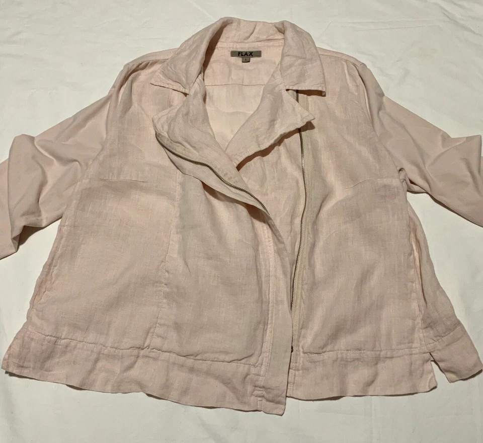 FLAX Moto Jacket Womens Large Pink Linen Lagenlook Collared Full Zip Knit - Image 1 of 4