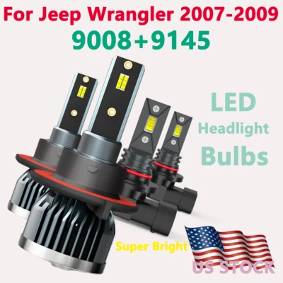 9008+9145 For Jeep Wrangler 2007-2009 LED Headlight+Fog Light Combo 4 Bulbs Kit - Image 1 of 4
