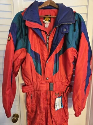 Traje de esquí de una pieza Descente de la década de 1990 talla pequeña rojo con cinturón snowboard traje de nieve (FJ) Foto 1 de 4