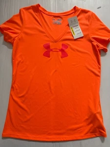 NWT UNDER ARMOR WOMEN' V NECK SPORT POLYESTER TEE S/S SZ MEDIUM SOLID ORANGE - Picture 1 of 4