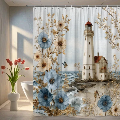 1pc Coastal Lighthouse Blue Floral Nautical Ocean Seaside Shower Curtain - Image 1 of 4