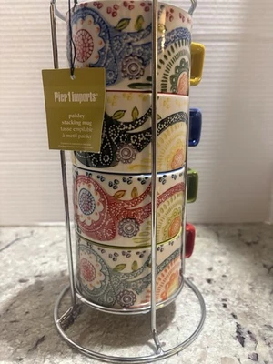 Pier 1 One Imports 可堆叠咖啡杯 4 件套多色杯子 石器 全新带标签 — 第 1/4 张图片