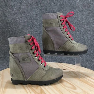 Sorel Boots Womens 7 Lexie Combat Gray Green Leather Hidden Heel NL3046-052 - Picture 1 of 17