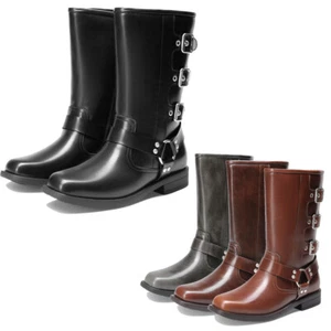 Kids Girls Boots Knee High Motorcycle Booties Square Toe Riding Biker Boots US - Picture 1 of 14