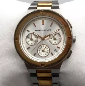 Kenneth Jay Lane Chronograph Watch Men 37mm Silver Gold Tone New Battery 6.25" - Picture 1 of 12