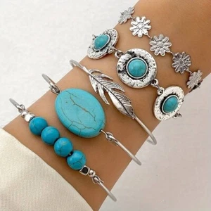 Womens 5pcs Set Flower Retro Bead Decor Silver Metal Turquoise Bracelet Bangle - Picture 1 of 5