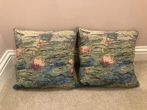 BEAUTIFUL CLAUDE MONET CUSHIONS TAPESTRY WEAVE WATER LILLIES BLUES GREENS VGC - Picture 1 of 5