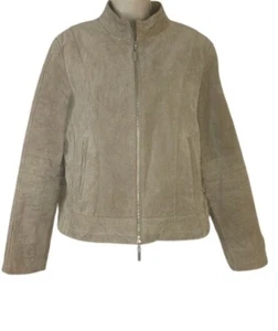 Tom Tailor Womens Moto Jacket Beige Suede Leather Full ZIp Pockets 10 - Picture 1 of 3