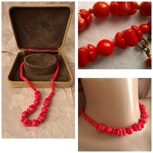 VETEMENTS Collana corta vintage perline di vetro rosse di design 15 4 8" rotonda con custodia gioielli