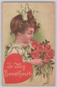POSTAL SAN VALENTÍN LINDA NIÑA CON RAMO DE FLORES - Imagen 1 de 2