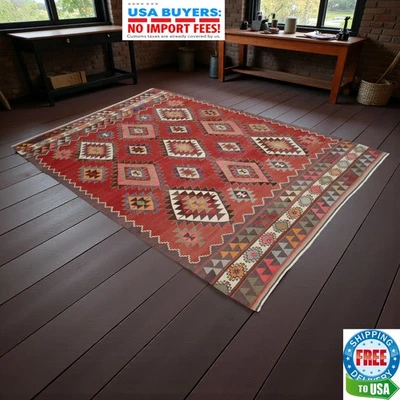 Vintage 1950s Turkish Rug Kilim 6x9 Flat Weave Area Rug Natural Wool & Dyes - Image 1 of 4