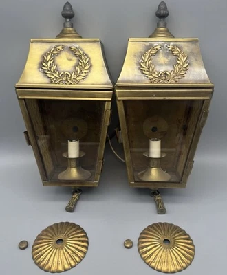 Pair  Of Vintage Aged Brass Outdoor Wall Lantern Underwriter Laboratories Scones - Image 1 of 4