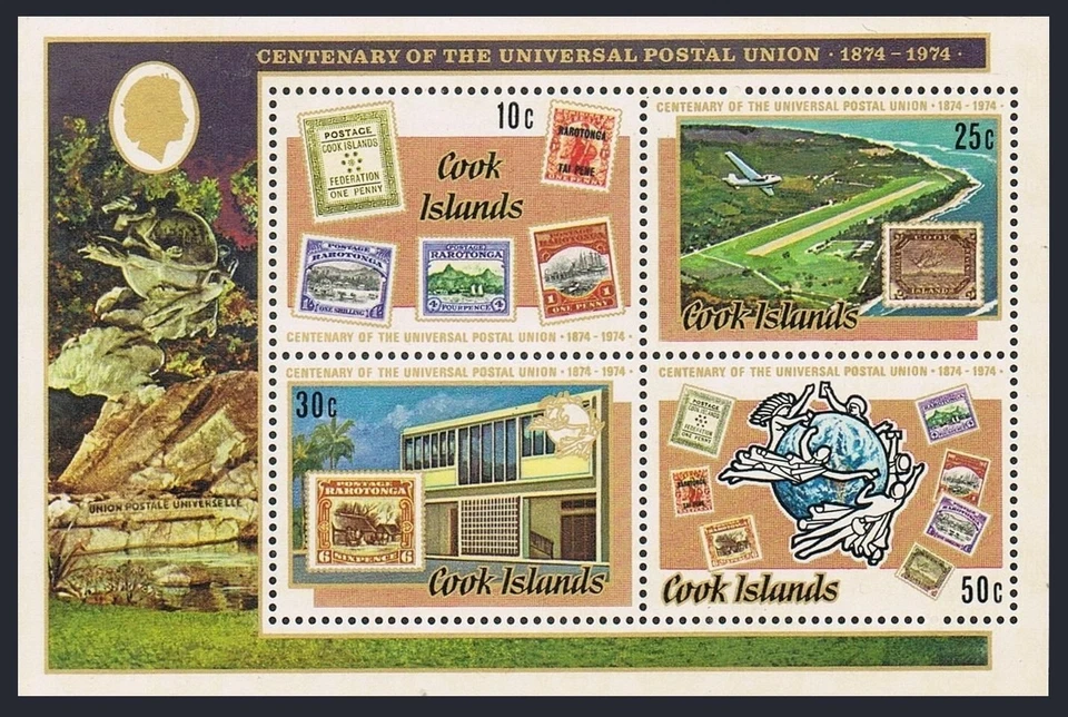 Cook Isls 411a sheet, MNH. Michel Bl.38. UPU-100, 1974. Ships, Plane. - Image 1 of 1