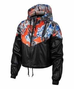 Nike Women's Windrunner Cropped Floral Windbreaker Jacket, Black/White - Picture 1 of 1