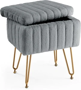 Ottoman Vanity Stool with Storage Space Soft Faux Fur Cute Makeup Footstool Seat - Picture 1 of 17