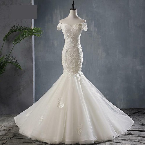 OFF WHITE Abito da sposa sirena nuovo pizzo scollo barca spazzata treno stringato cappuccio manica
