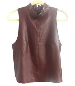 Veda Womens Genuine Leather Sleeveless Burgundy Top High Neckline size Small SM - Picture 1 of 4