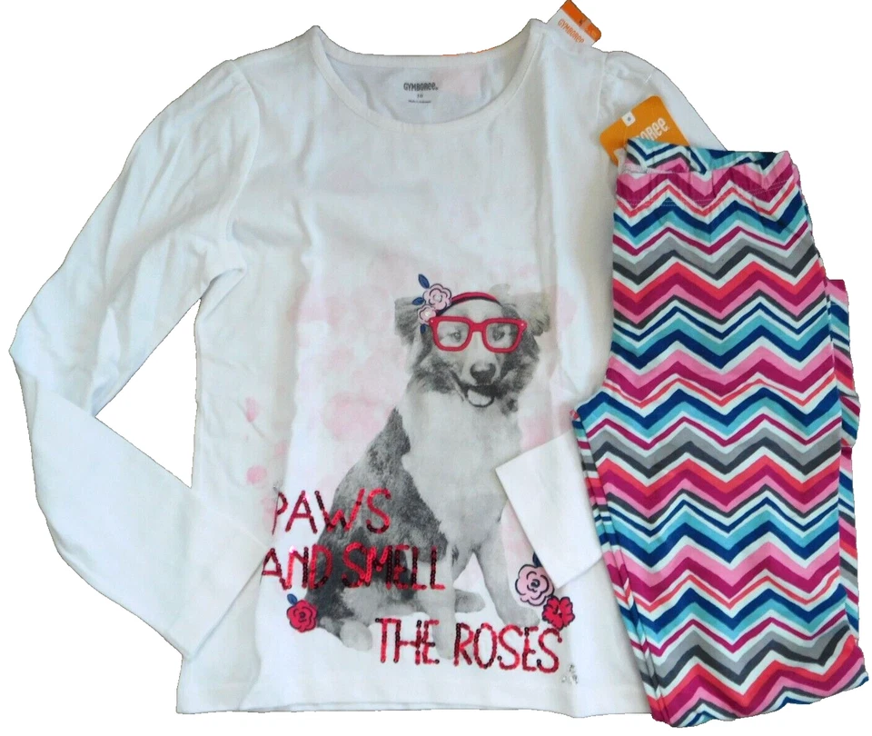 Gymboree  Girls 10/12 LS  Dog Screen Print Top 10 & Chevron Leggings 10/12 NWT - Image 1 of 2