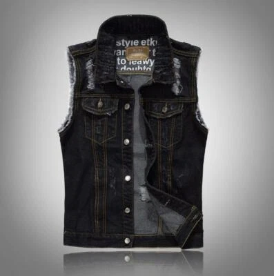 Veste en jean homme motard hippie sans manches jean gilet manteau outwear gilet - Photo 1/4